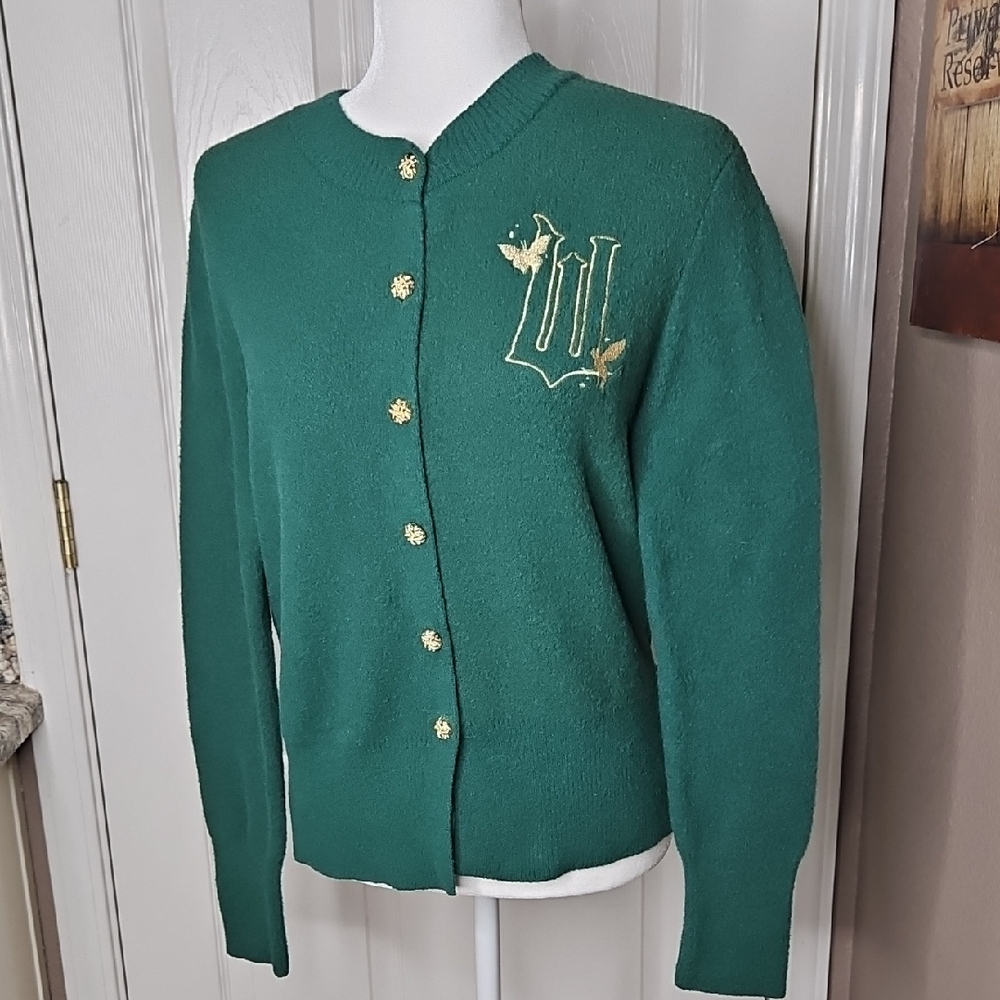 WICKED Green Cardigan gold Buttons with Embroidered W flying Monkey Size Medium